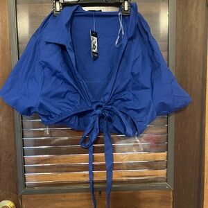 Blue Cropped Tie-Front Polo Button Down